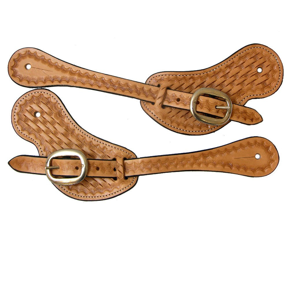 Basketweave Stamped Spur Strap - Tan Leather