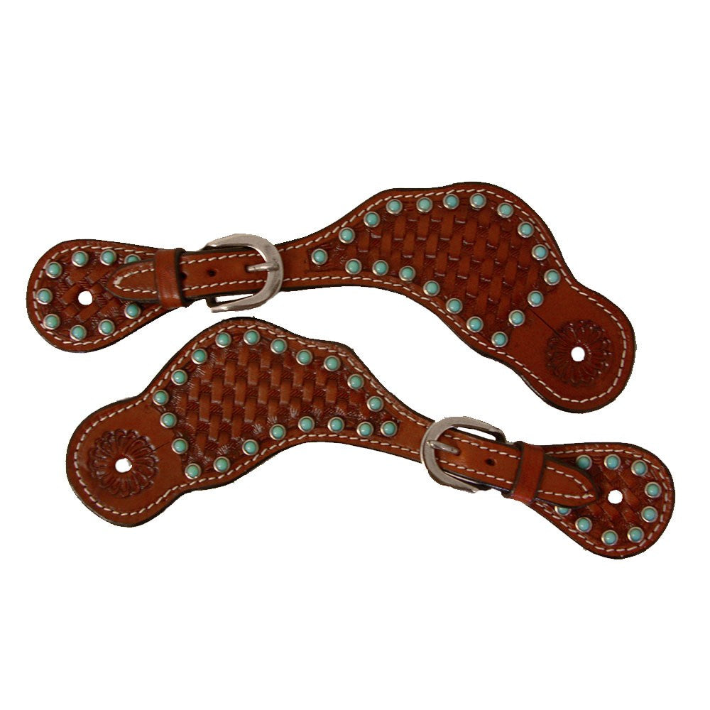 Western Basketweave Stamped Spur Strap with Turquoise Dots