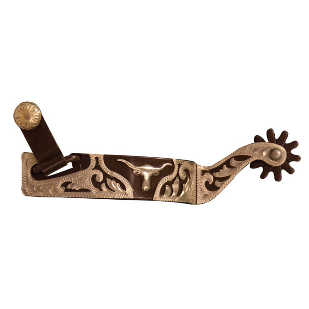 Mens Western Show Spurs with Silver Steer and Overlay - 9 Point Rowel