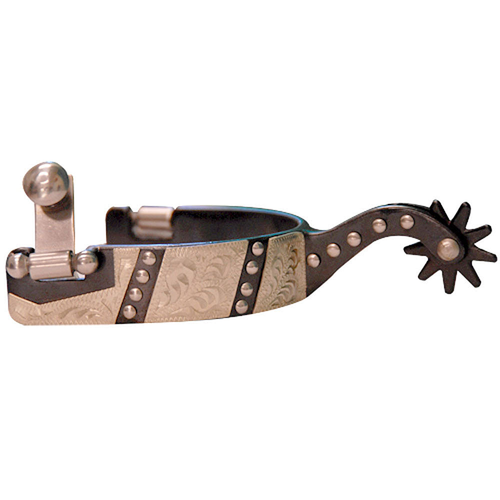 Mens Western Black Steel Spurs with Engraved Overlay and Dots