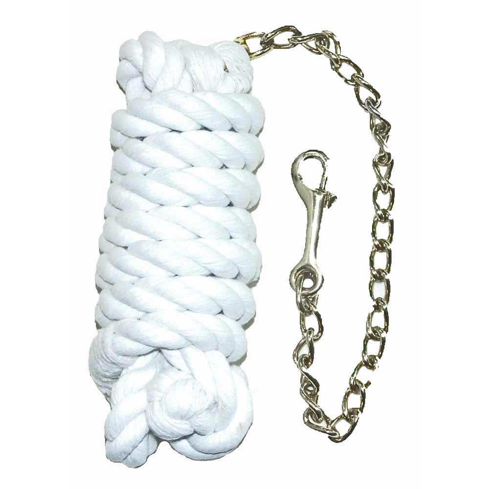White Cotton Lead Rope with 18" Nickel Plated Chain 3/4" x 9'