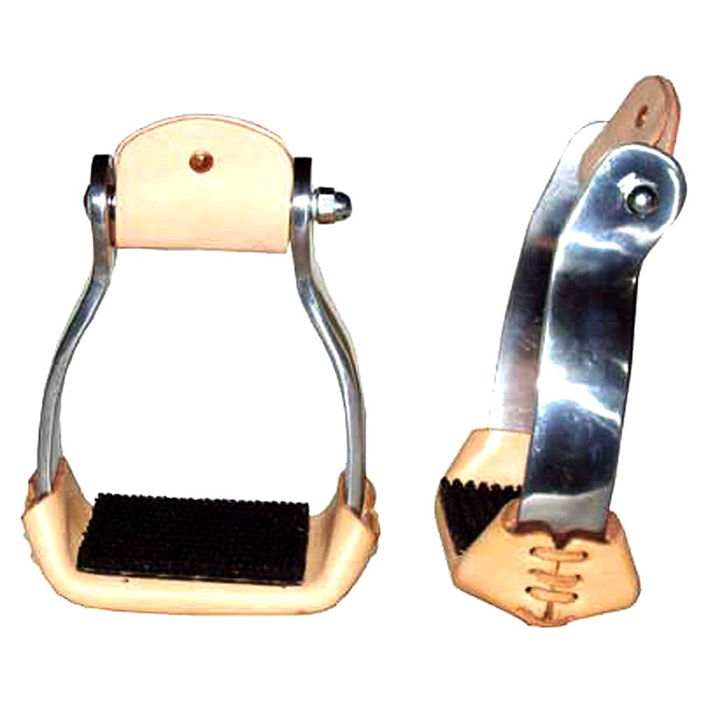 Coronet Barrel Racing Offset Stirrups with Rubber Pad and Leather Wrap