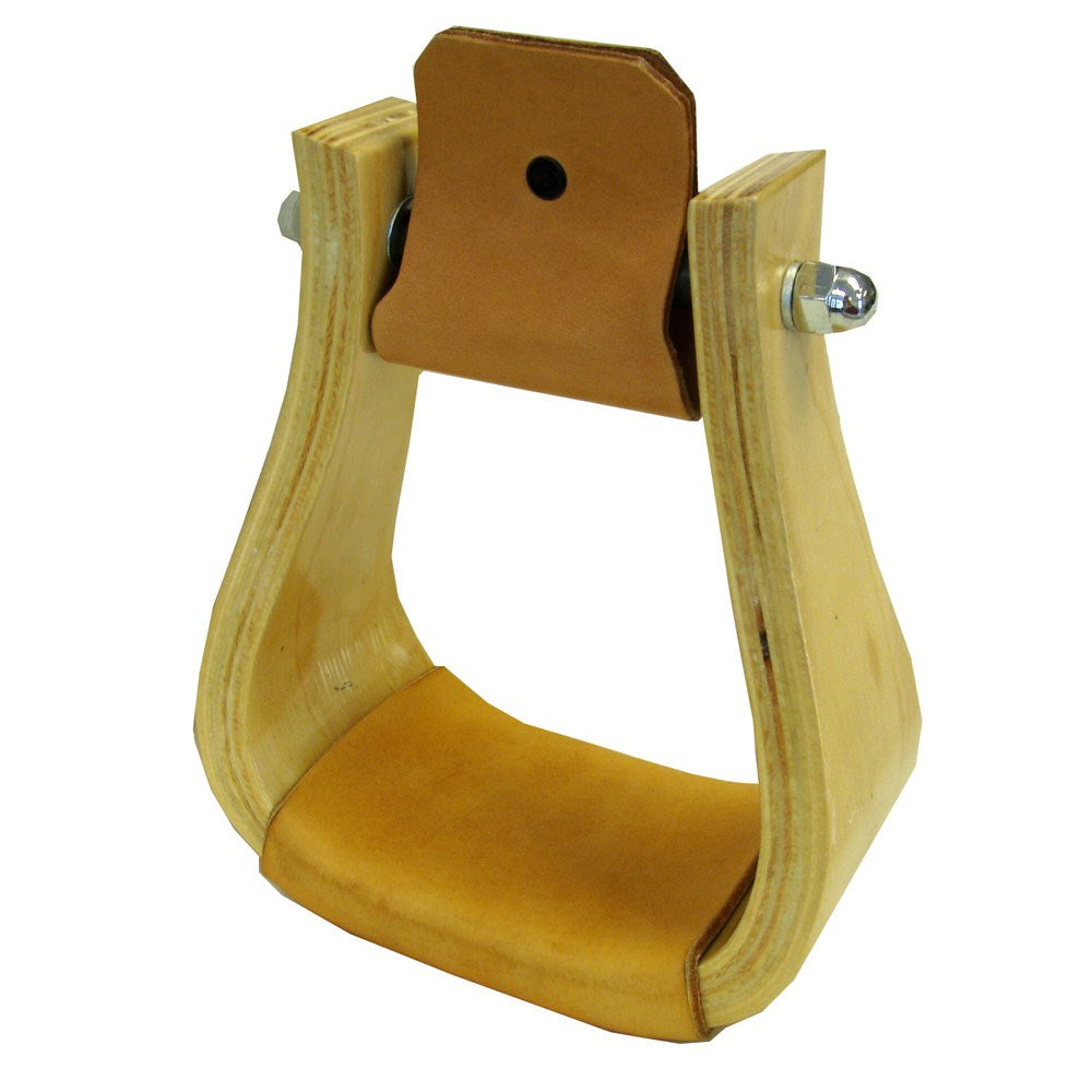 Wooden Western Roping Stirrups with Leather Tread 3" Neck