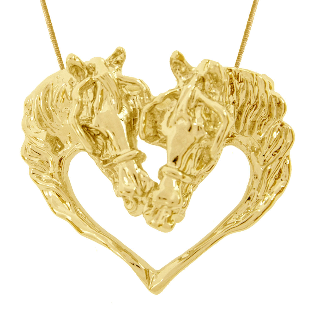 Heart Shaped 2 Driving Horse Heads Pendant -  Gold Plated