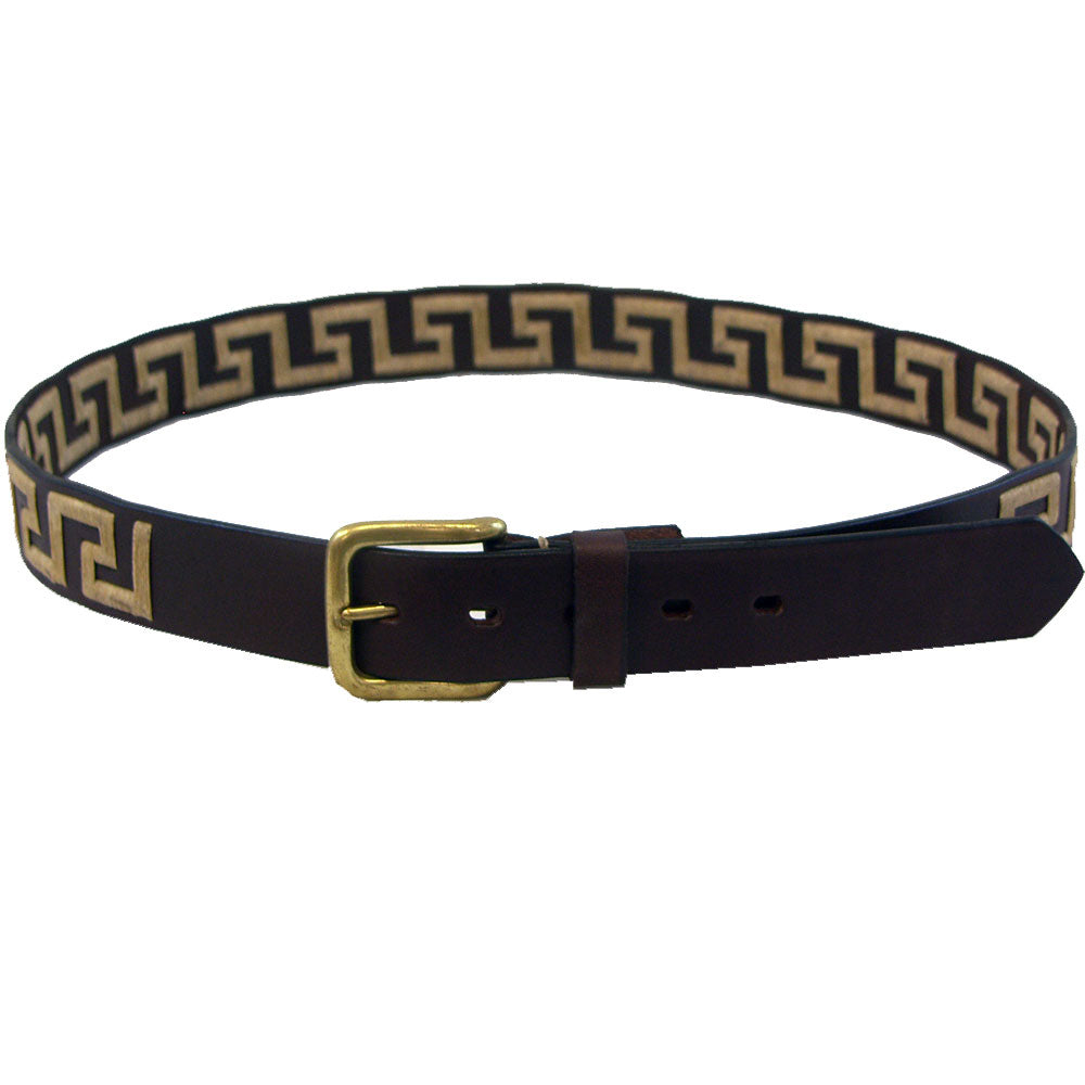 Leather Greek Key Design Belt with Tan Stitches